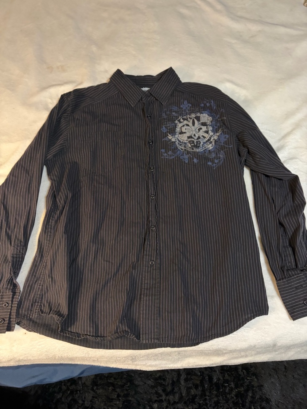 Machine Black Pinstripe Button-Down Shirt with Chest Graphic